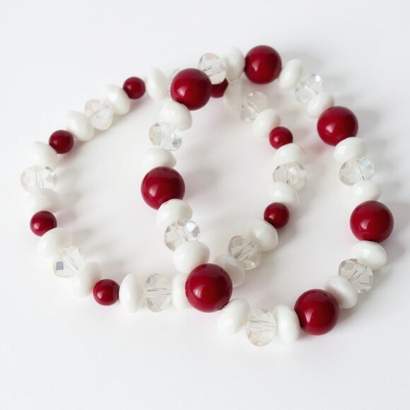 Hand crafted White Czech Glass Bead With Red lucite Bead Two Stretch Bracelet - Picture 1 of 1